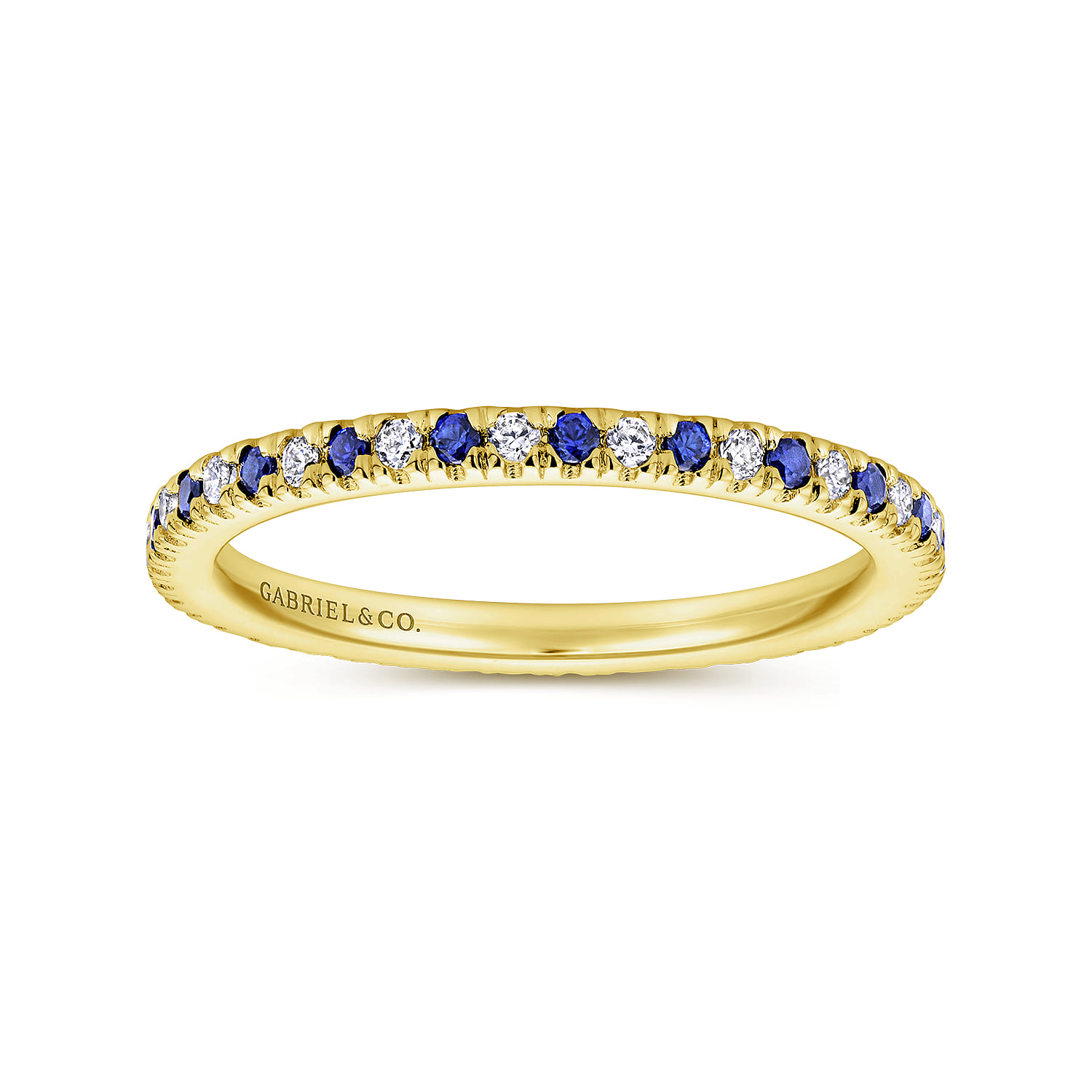 Eternity Band Wedding Ring in 14k Yellow Gold with Round Sapphire at Gabriel & Co. - Shot 4