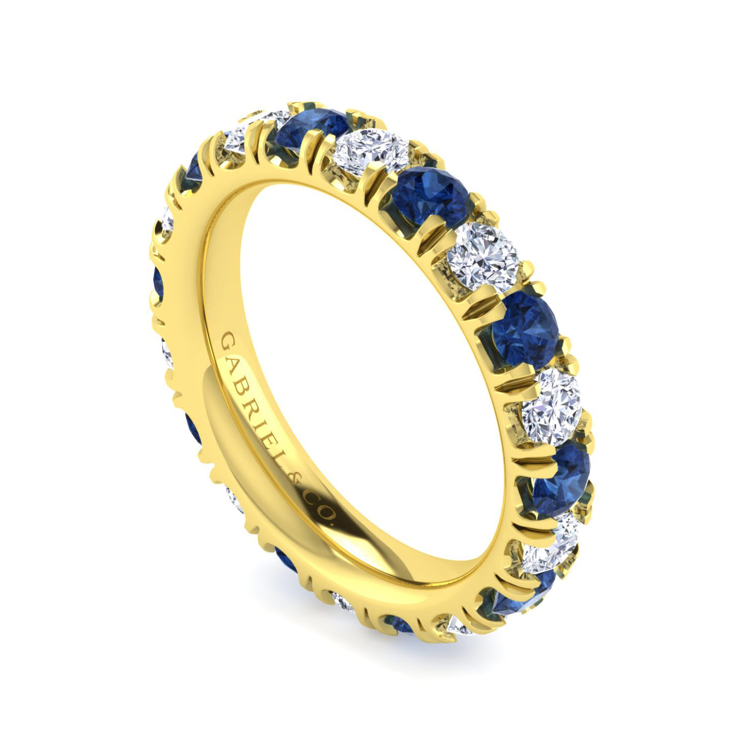 Eternity Band Wedding Ring in 14k Yellow Gold with Round Sapphire at Gabriel & Co. - Shot 3