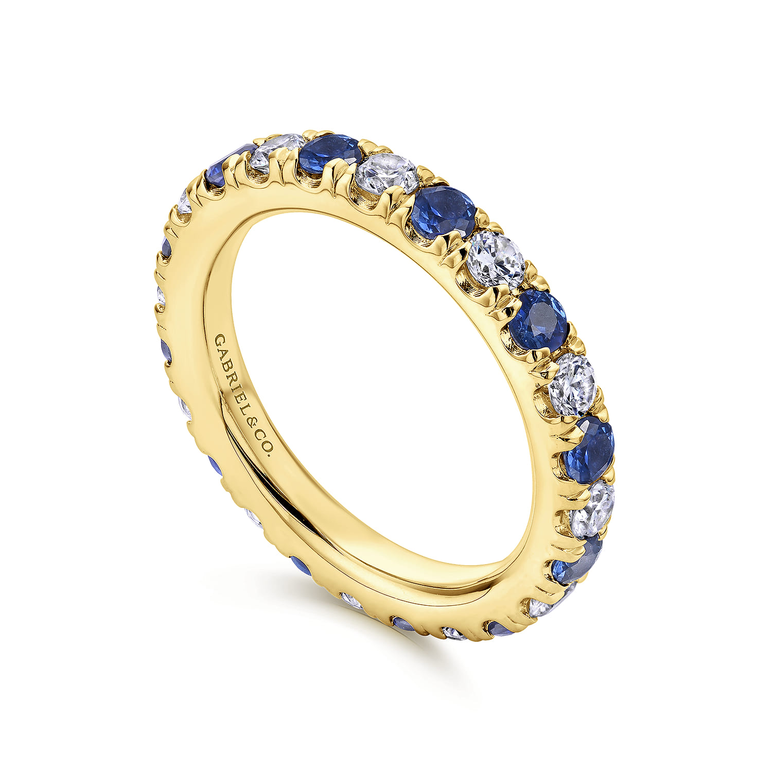 Eternity Band Wedding Ring in 14k Yellow Gold with Round Sapphire at Gabriel & Co. - Shot 3