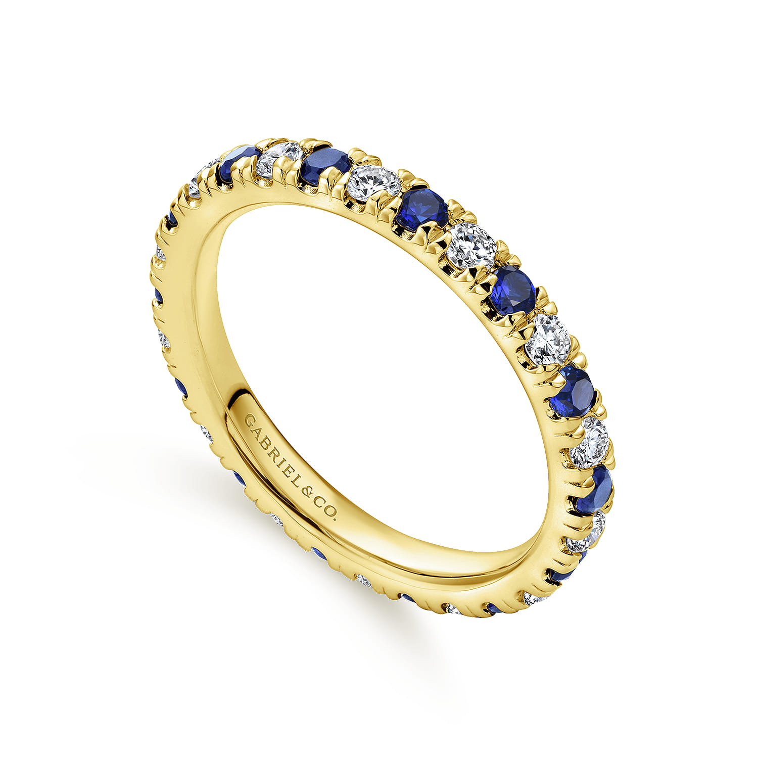 Eternity Band Wedding Ring in 14k Yellow Gold with Round Sapphire at Gabriel & Co. - Shot 3