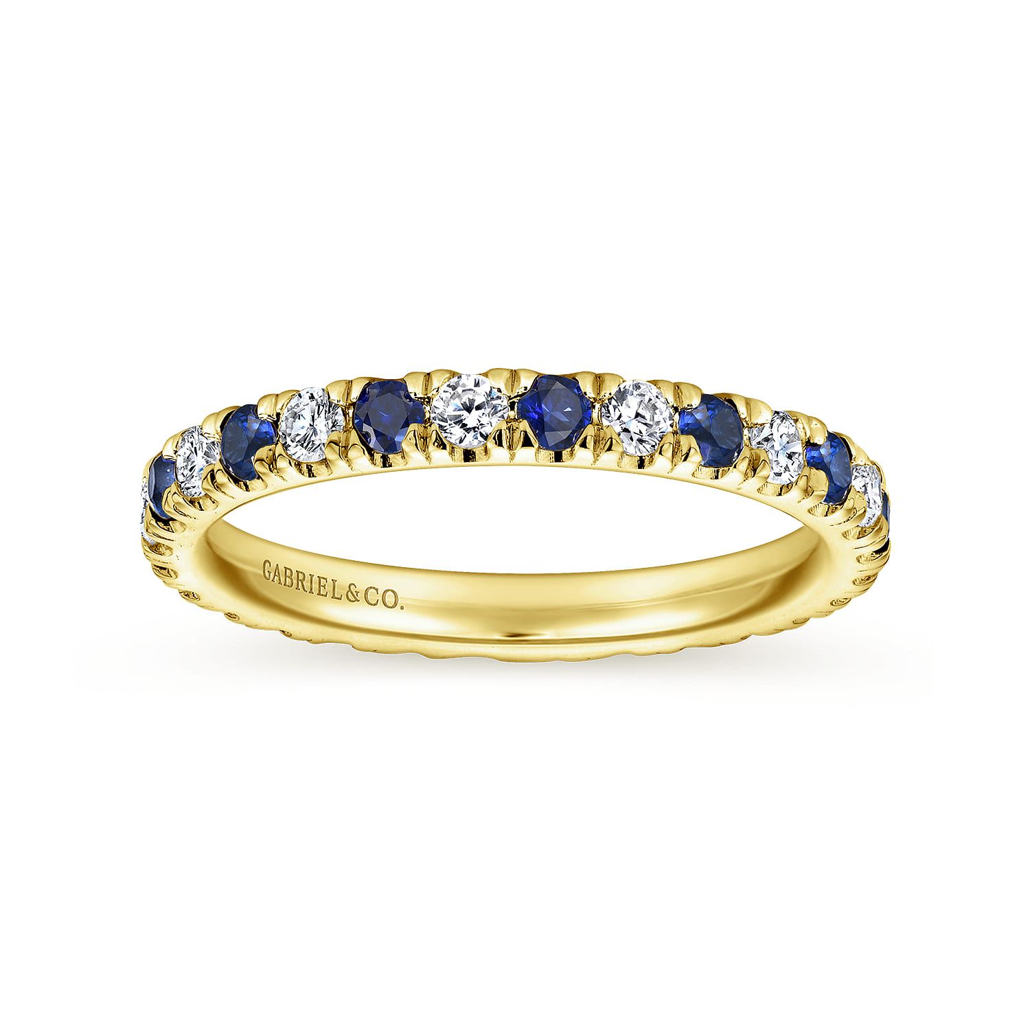 Eternity Band Wedding Ring in 14k Yellow Gold with Round Sapphire at Gabriel & Co. - Shot 4