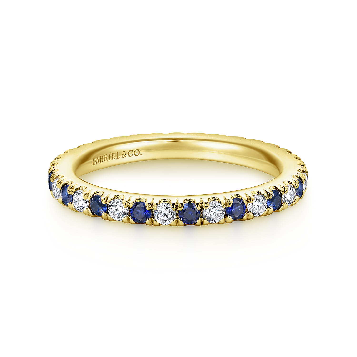 Eternity Band Wedding Ring in 14k Yellow Gold with Round Sapphire at Gabriel & Co. - Shot 1