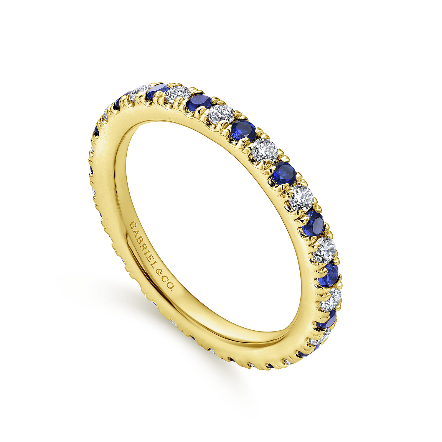 Eternity Band Wedding Ring in 14k Yellow Gold with Round Sapphire at Gabriel & Co. - Shot 3