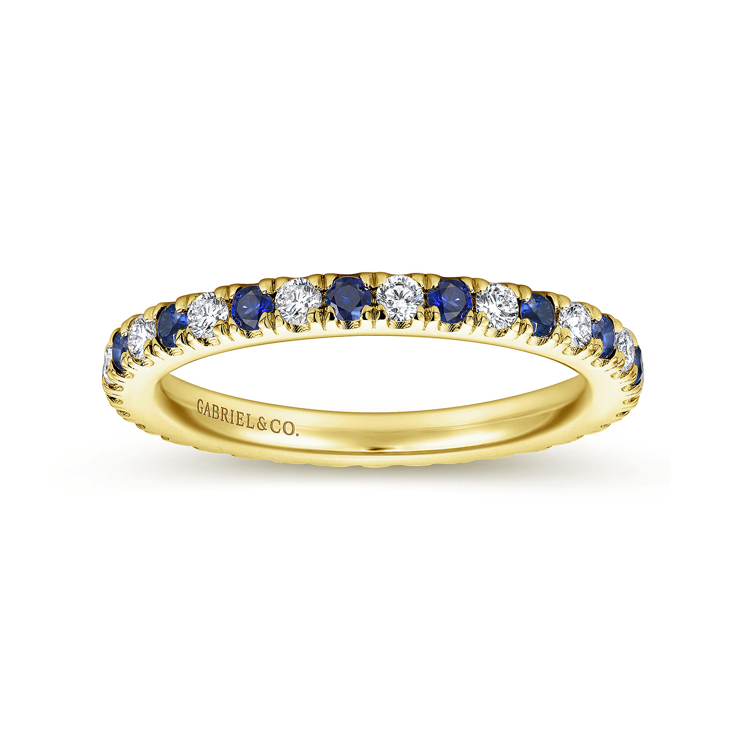 Eternity Band Wedding Ring in 14k Yellow Gold with Round Sapphire at Gabriel & Co. - Shot 4