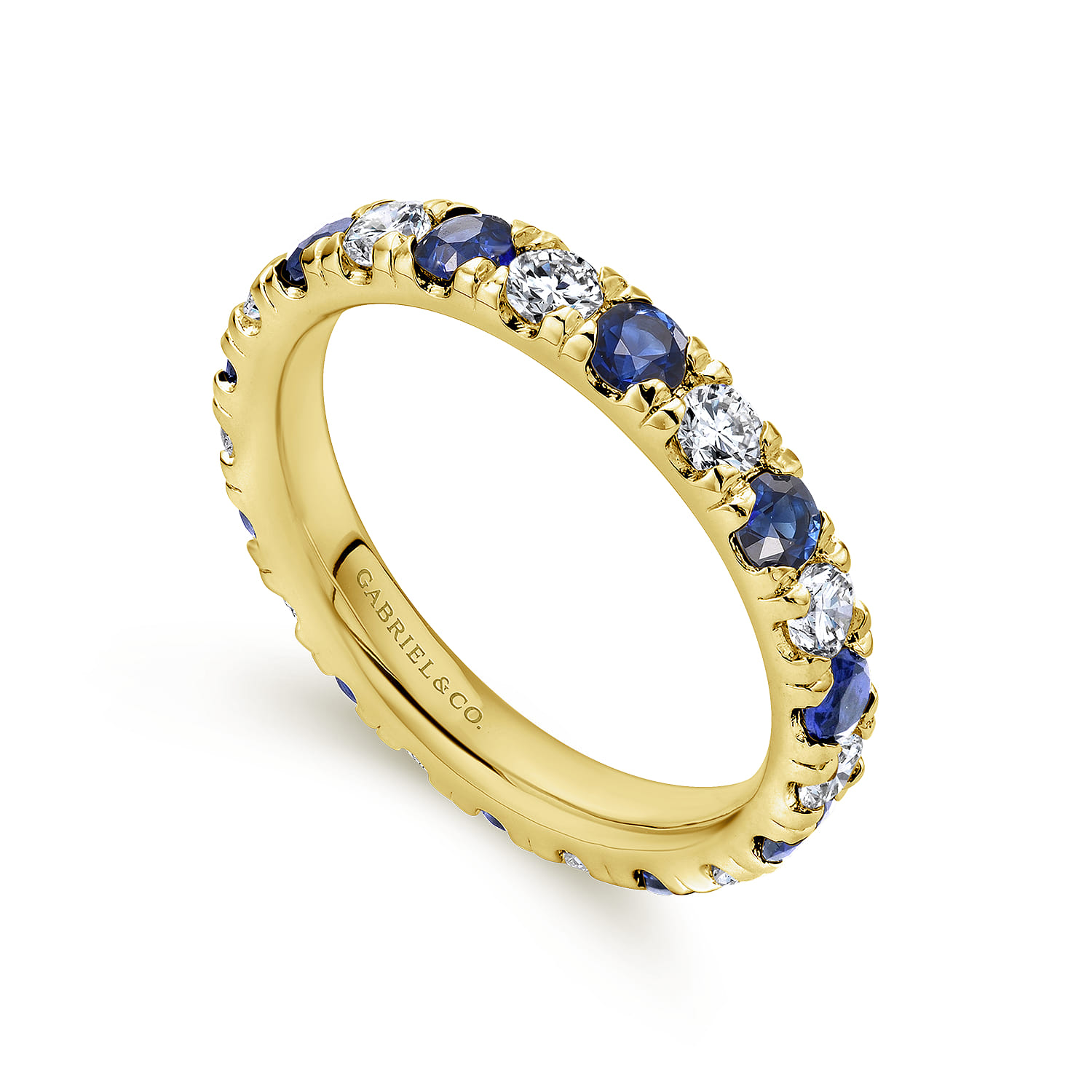 Eternity Band Wedding Ring in 14k Yellow Gold with Round Sapphire at Gabriel & Co. - Shot 3