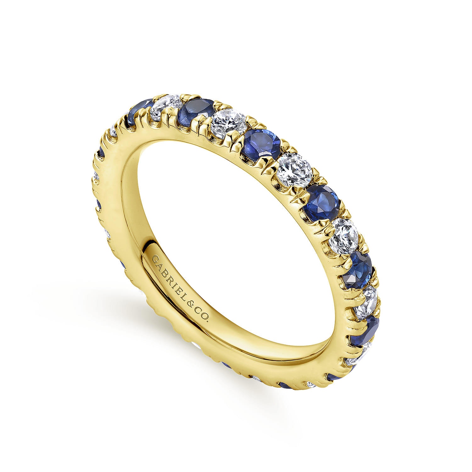 Eternity Band Wedding Ring in 14k Yellow Gold with Round Sapphire at Gabriel & Co. - Shot 3