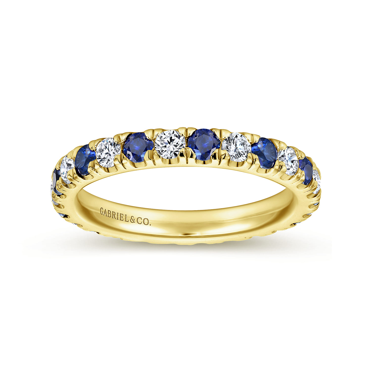 Eternity Band Wedding Ring in 14k Yellow Gold with Round Sapphire at Gabriel & Co. - Shot 4