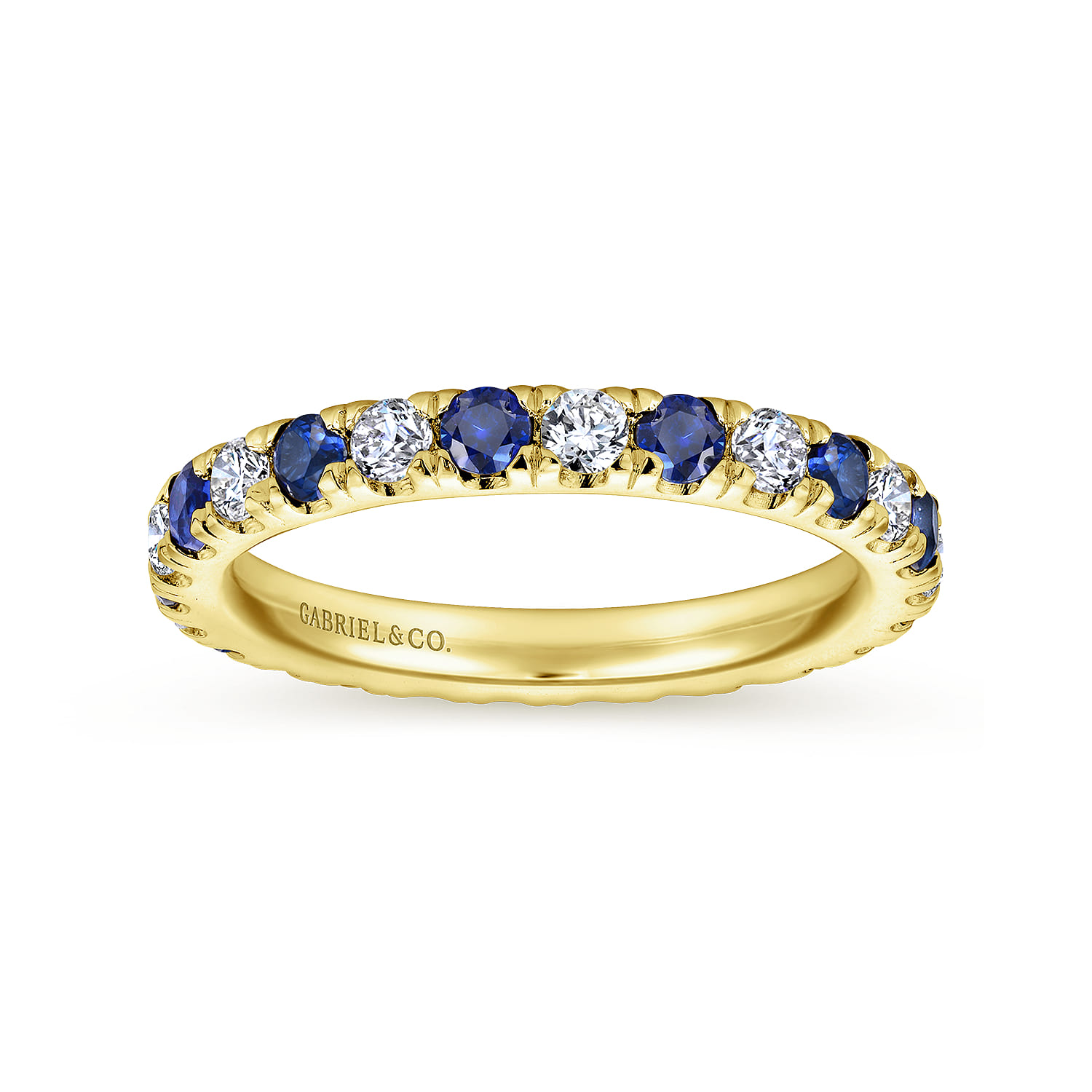 Eternity Band Wedding Ring in 14k Yellow Gold with Round Sapphire at Gabriel & Co. - Shot 4