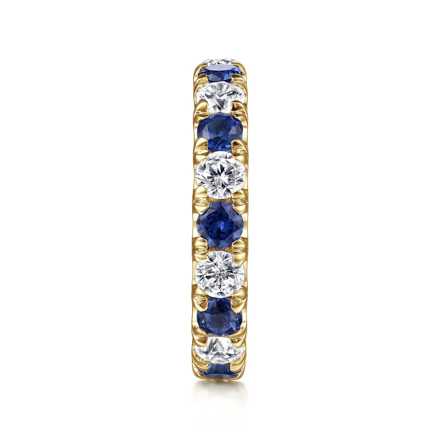Eternity Band Wedding Ring in 14k Yellow Gold with Round Sapphire at Gabriel & Co. - Shot 4