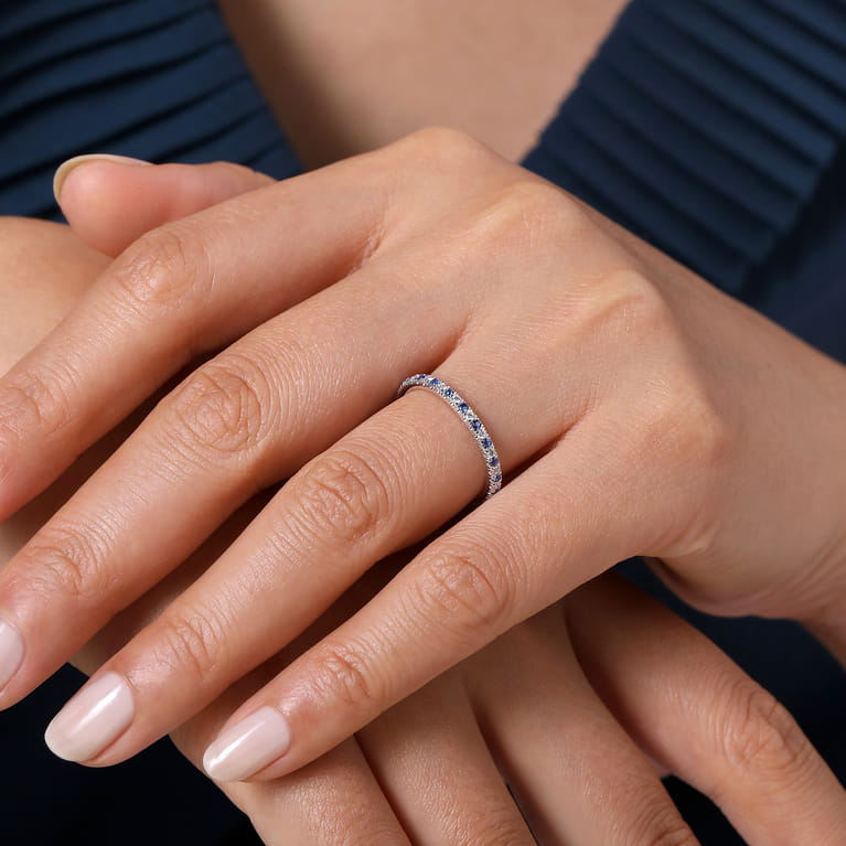 Straight Wedding Ring in Platinum with Round Sapphire at Gabriel & Co. - Shot 5