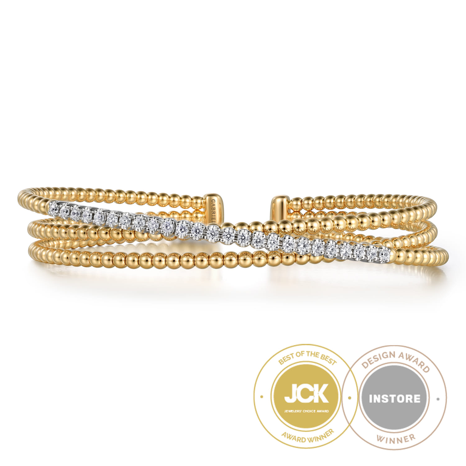 Beaded Bangle Bracelet Cuff 14K White and Yellow Gold Diamond 0.35ct Bujukan - 0.35 ct - Shot 1