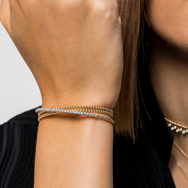 Beaded Bangle Bracelet Cuff 14K White and Yellow Gold Diamond 0.35ct Bujukan - 0.35 ct - Shot 4