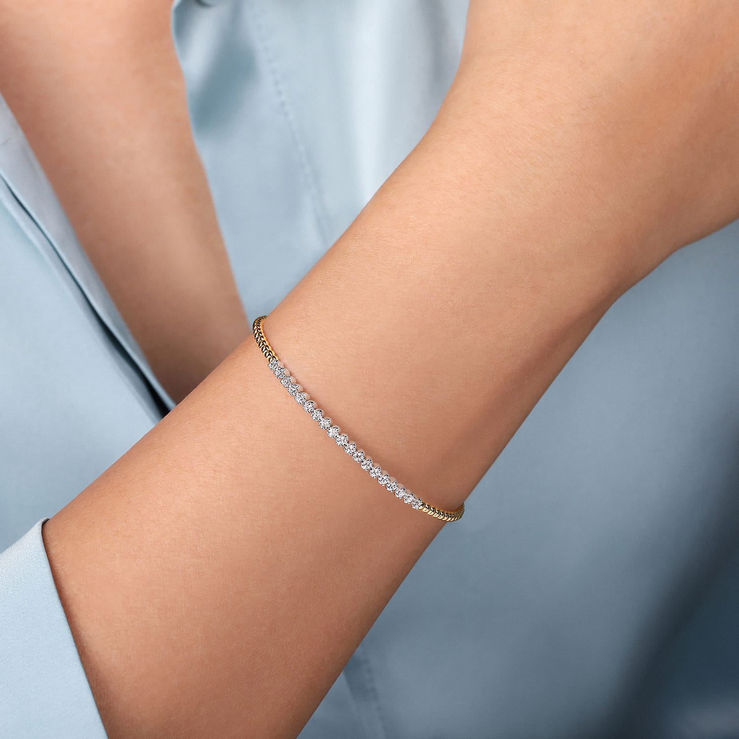 Beaded Bangle Bracelet Cuff 14K White and Yellow Gold Diamond 0.4ct Bujukan - 0.4 ct - Shot 4