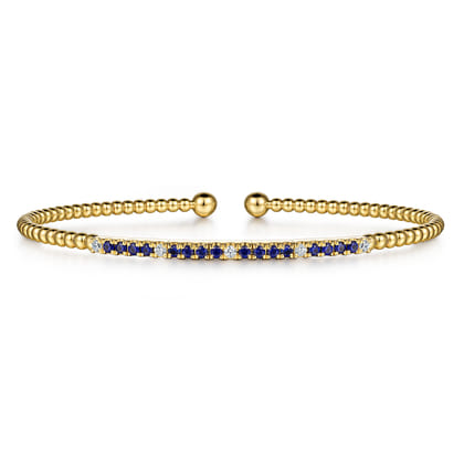 Beaded Bangle Bracelet Cuff 14K Yellow Gold Diamond and Blue Sapphire 0.09ct Bujukan