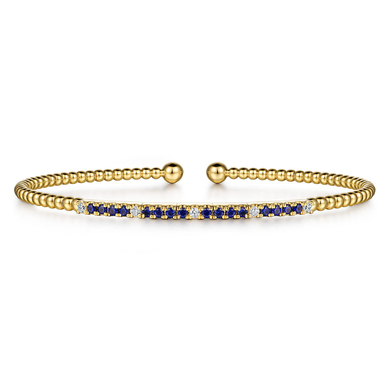 Beaded Bangle Bracelet Cuff 14K Yellow Gold Diamond and Blue Sapphire 0.09ct Bujukan - 0.09 ct - Shot 1
