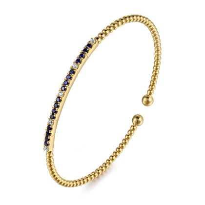 Beaded Bangle Bracelet Cuff 14K Yellow Gold Diamond and Blue Sapphire 0.09ct Bujukan