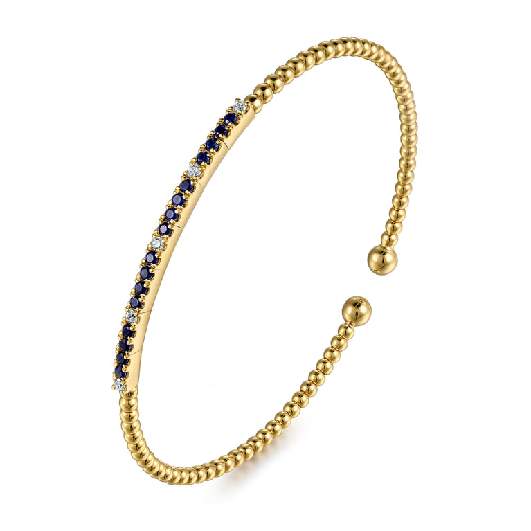 Beaded Bangle Bracelet Cuff 14K Yellow Gold Diamond and Blue Sapphire 0.09ct Bujukan - 0.09 ct - Shot 2