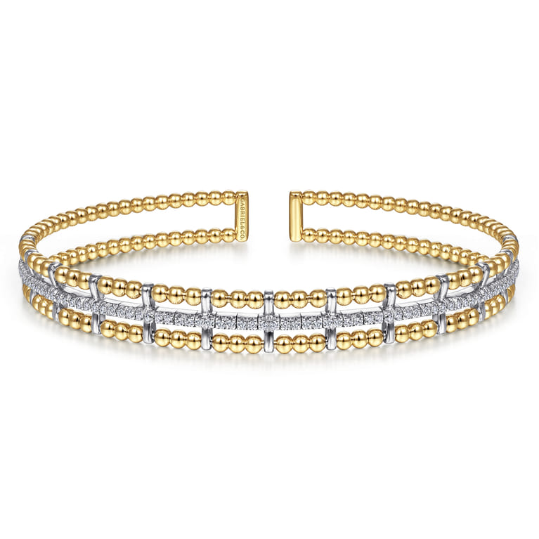 Beaded Bangle Bracelet Hard Cuff 14K White and Yellow Gold Diamond 0.35ct Bujukan - 0.35 ct - Shot 1