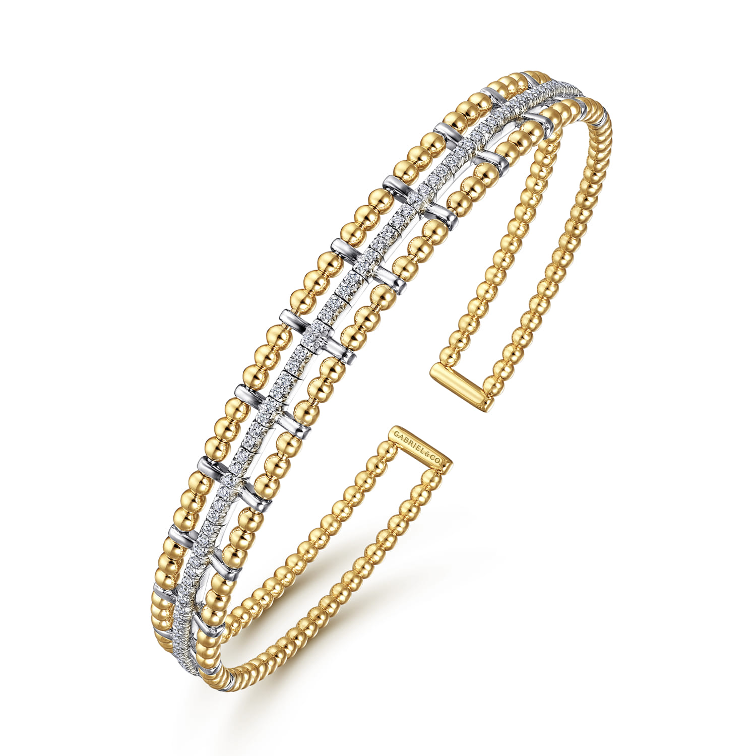 Beaded Bangle Bracelet Hard Cuff 14K White and Yellow Gold Diamond 0.35ct Bujukan - 0.35 ct - Shot 2