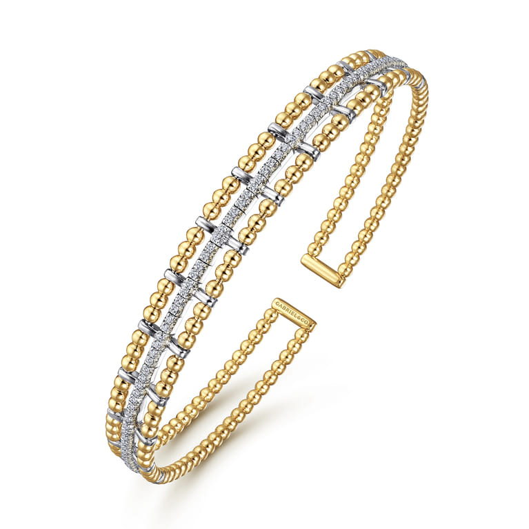 Beaded Bangle Bracelet Hard Cuff 14K White and Yellow Gold Diamond 0.35ct Bujukan - 0.35 ct - Shot 2