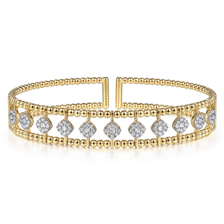 Beaded Bangle Bracelet Hard Cuff 14K Yellow Gold Diamond 0.73ct Bujukan - 0.73 ct - Shot 1