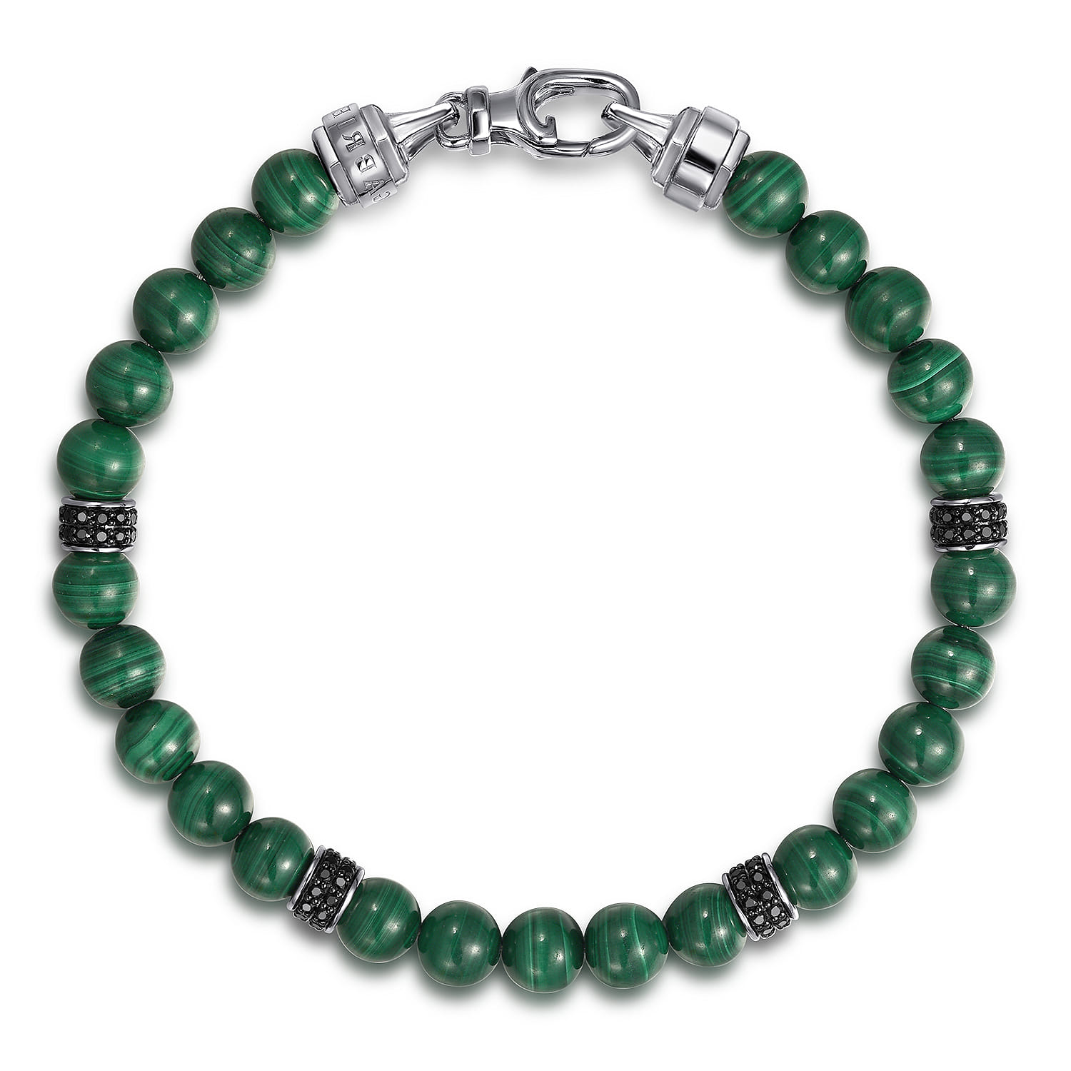 Beaded Bracelet 925 Sterling Silver Black Spinel and Malachite 6mm - Shot 1