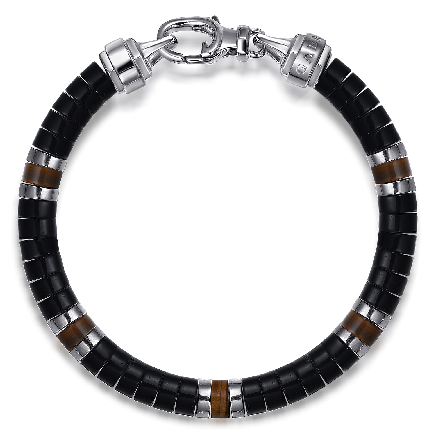 Beaded Bracelet 925 Sterling Silver Cylinder Onyx and Tiger Eye - Shot 1