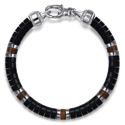 Beaded Bracelet 925 Sterling Silver Cylinder Onyx and Tiger Eye