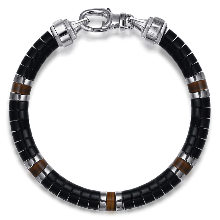 Beaded Bracelet 925 Sterling Silver Cylinder Onyx and Tiger Eye - Shot 1
