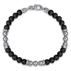 Beaded Bracelet 925 Sterling Silver Matte Onyx and Silver Bead 6mm