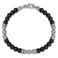 Beaded Bracelet 925 Sterling Silver Matte Onyx and Silver Bead 6mm