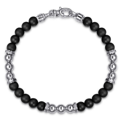 Beaded Bracelet 925 Sterling Silver Matte Onyx and Silver Bead 6mm