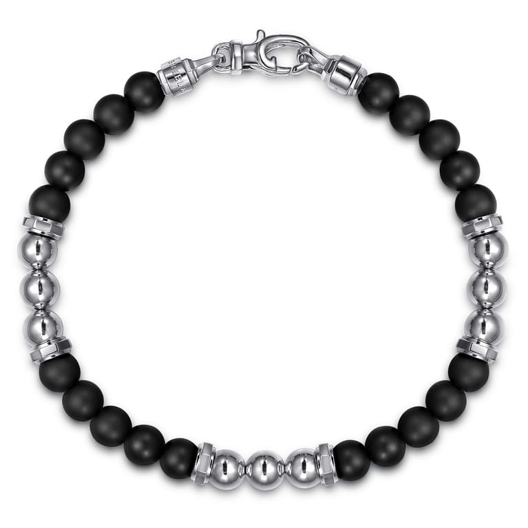 Beaded Bracelet 925 Sterling Silver Matte Onyx and Silver Bead 6mm - Shot 1