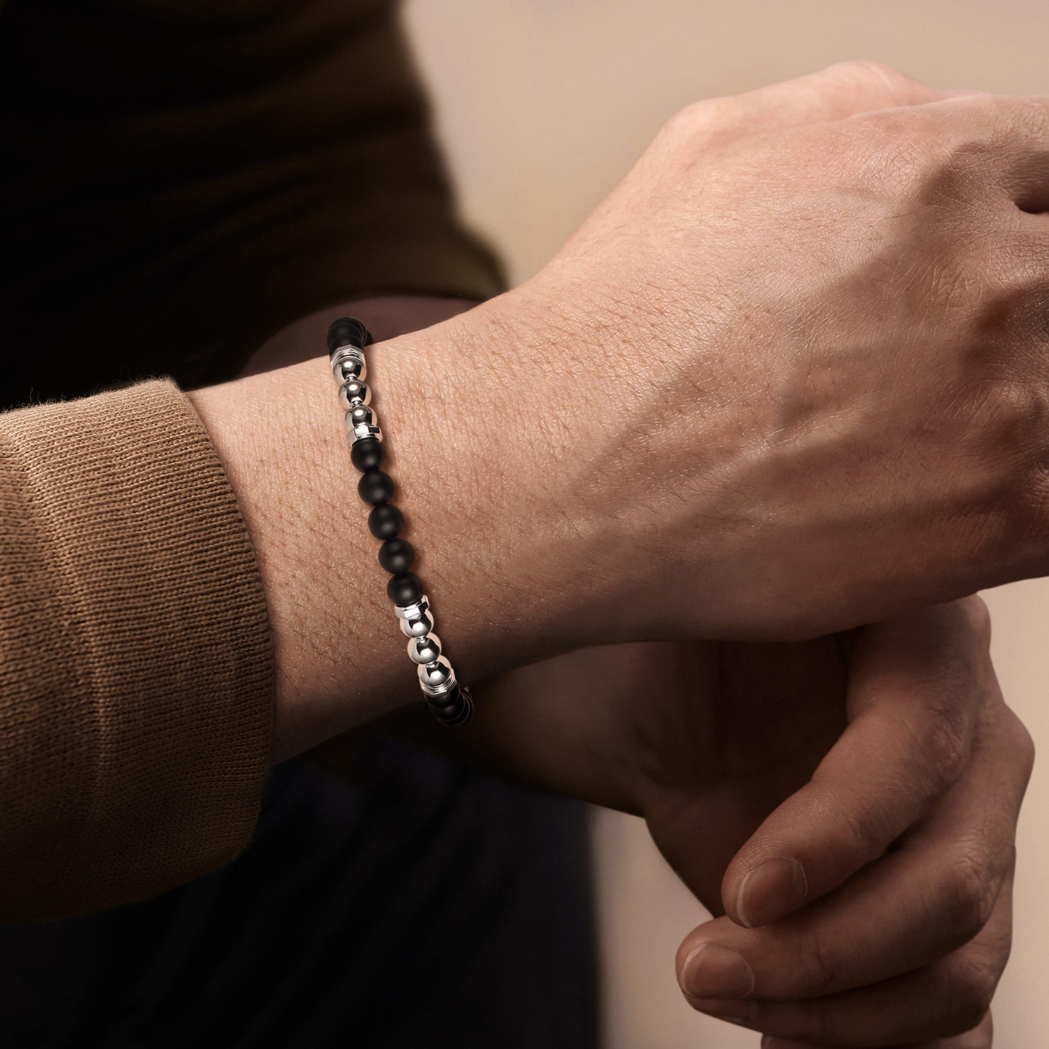 Beaded Bracelet 925 Sterling Silver Matte Onyx and Silver Bead 6mm - Shot 3