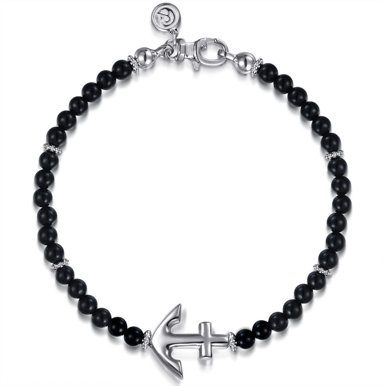 Beaded Bracelet Anchor 925 Sterling Silver Onyx 4mm - Shot 1