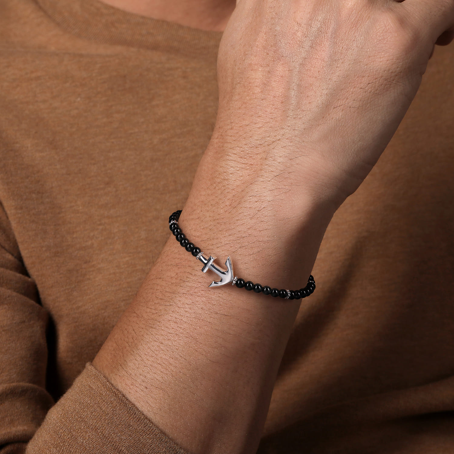 Beaded Bracelet Anchor 925 Sterling Silver Onyx 4mm - Shot 3