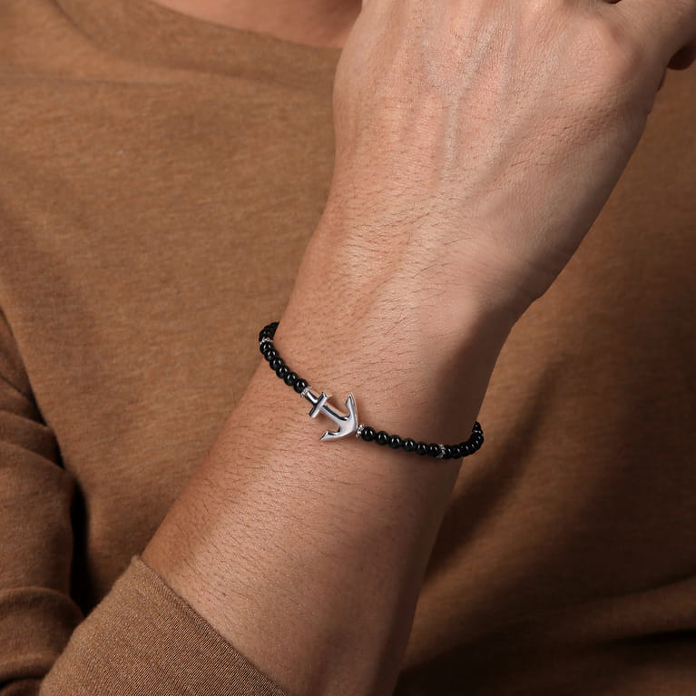 Beaded Bracelet Anchor 925 Sterling Silver Onyx 4mm - Shot 3