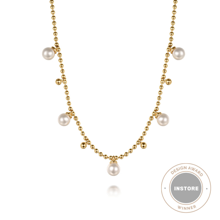 Beaded Layered Necklace Droplet 14K Yellow Gold Pearl Bujukan - Shot 1