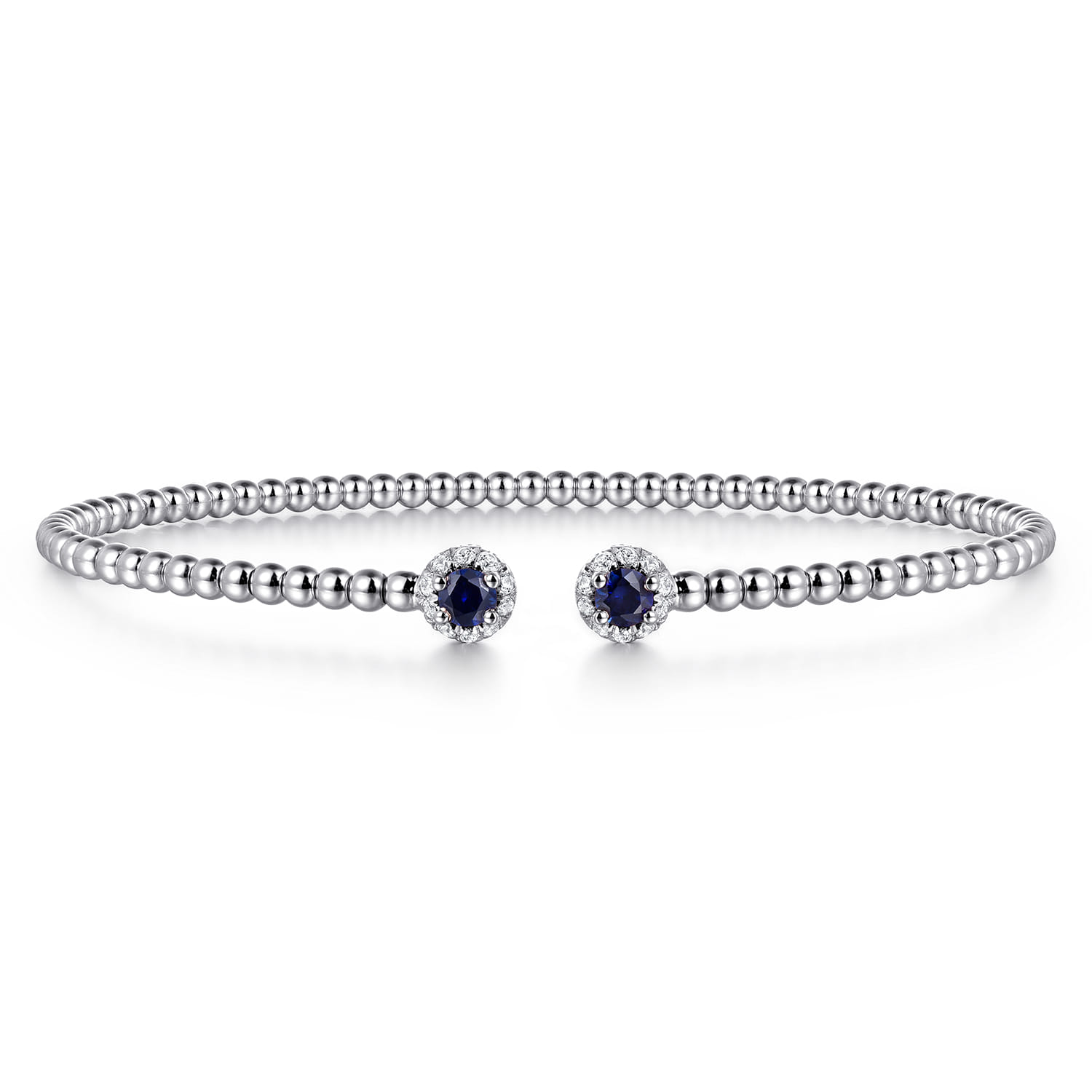 Beaded Open Bangle Bracelet 14K White Gold Diamond and Blue Sapphire 0.12ct Bujukan - 0.12 ct - Shot 1