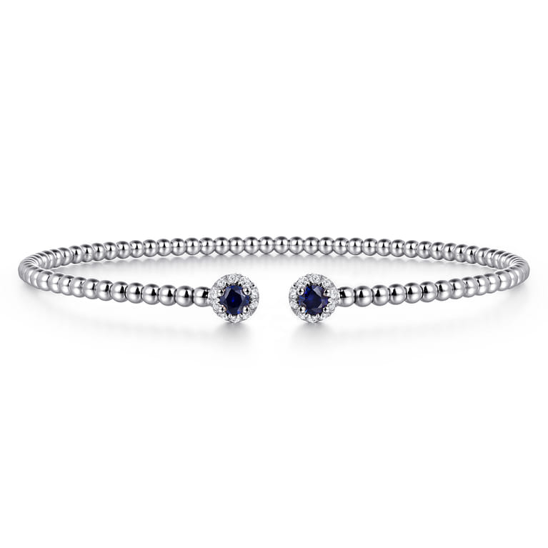 Beaded Open Bangle Bracelet 14K White Gold Diamond and Blue Sapphire 0.12ct Bujukan - 0.12 ct - Shot 1