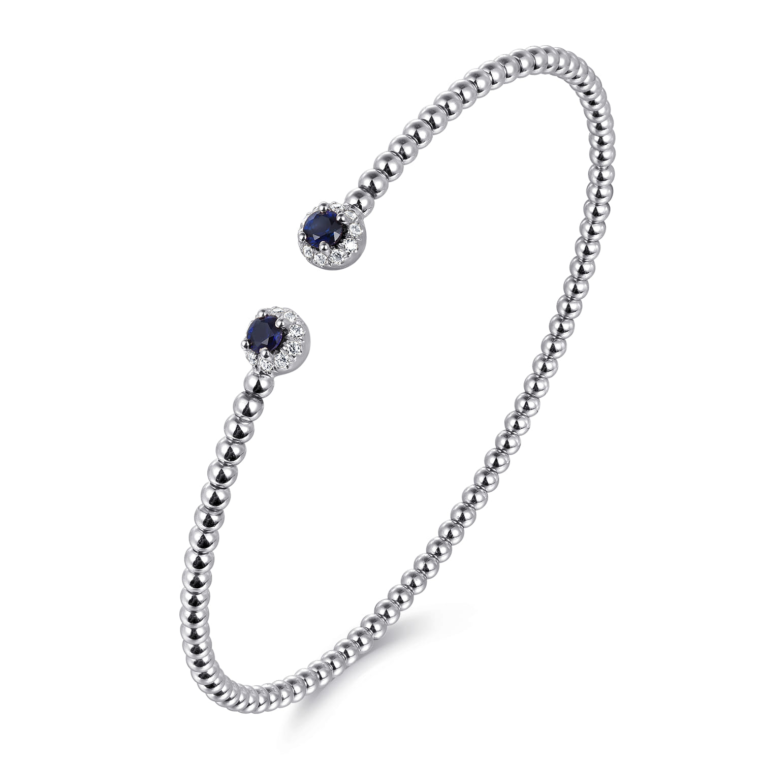 Beaded Open Bangle Bracelet 14K White Gold Diamond and Blue Sapphire 0.12ct Bujukan - 0.12 ct - Shot 2