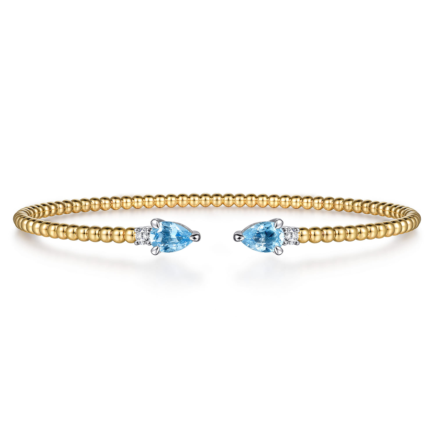 Beaded Open Bangle Bracelet 14K White and Yellow Gold Diamond and Blue Topaz 0.09ct Bujukan - 0.09 ct - Shot 1