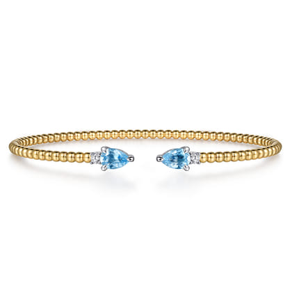 Beaded Open Bangle Bracelet 14K White and Yellow Gold Diamond and Blue Topaz 0.09ct Bujukan