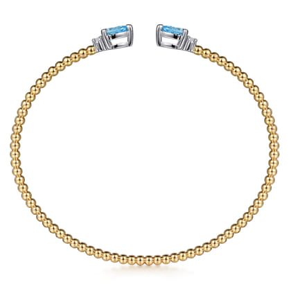 Beaded Open Bangle Bracelet 14K White and Yellow Gold Diamond and Blue Topaz 0.09ct Bujukan