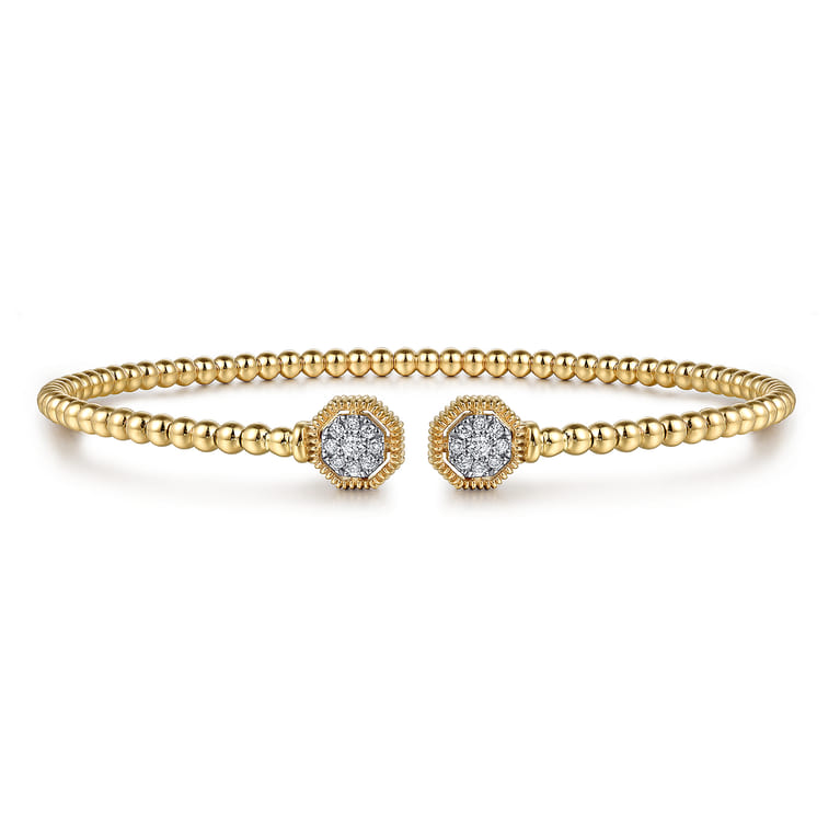 Beaded Open Bangle Bracelet 14K Yellow Gold Diamond 0.11ct Bujukan - 0.11 ct - Shot 1