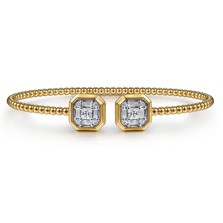 Beaded Open Bangle Bracelet 14K Yellow Gold Diamond 0.75ct Bujukan - 0.75 ct - Shot 1