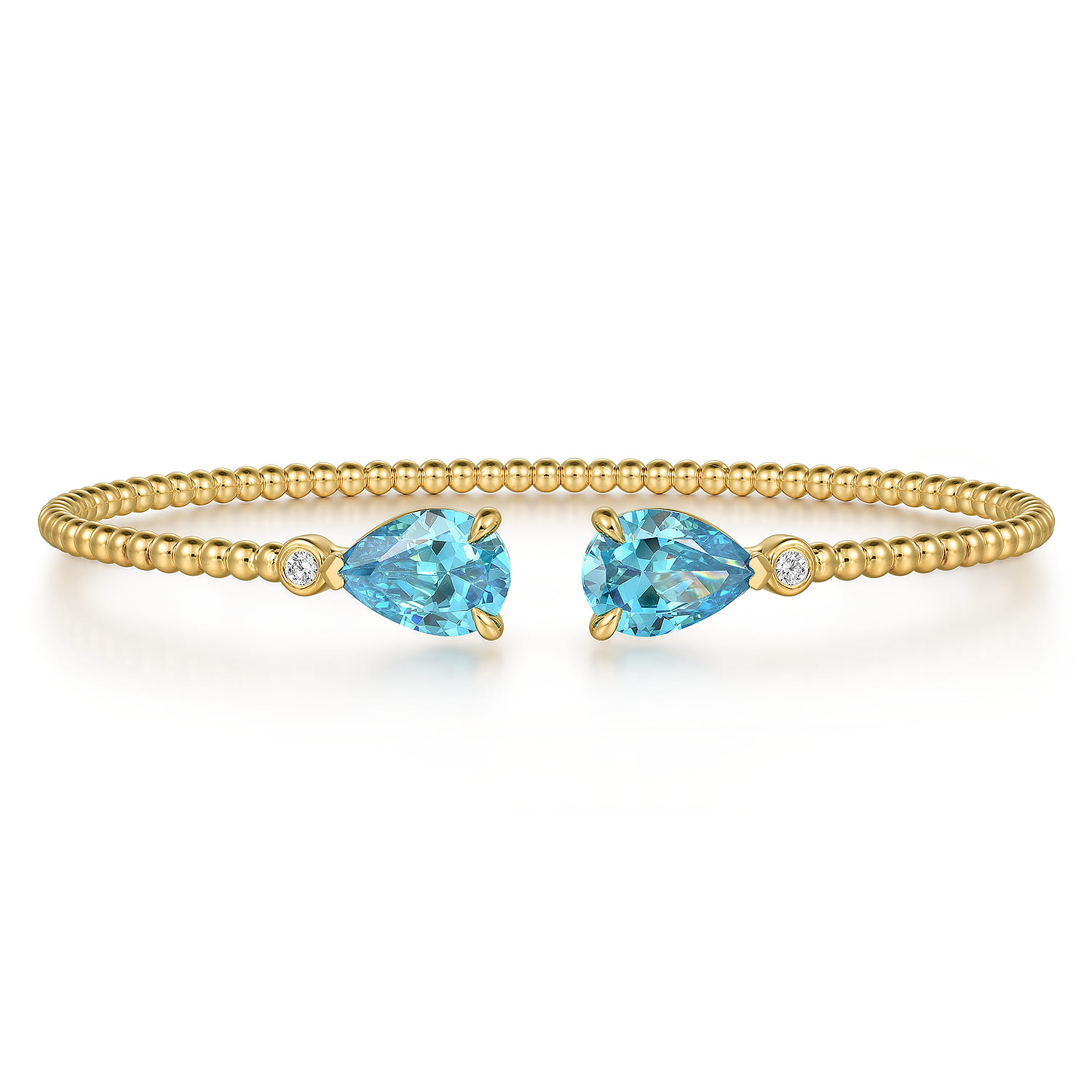 Beaded Open Bangle Bracelet 14K Yellow Gold Diamond and Blue Topaz 0.07ct Bujukan - 0.07 ct - Shot 1