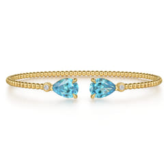 Beaded Open Bangle Bracelet 14K Yellow Gold Diamond and Blue Topaz 0.07ct Bujukan