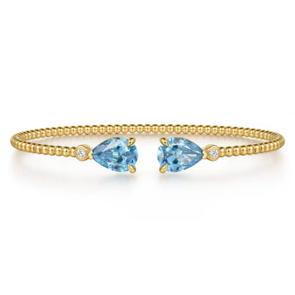 Beaded Open Bangle Bracelet 14K Yellow Gold Diamond and Blue Topaz 0.07ct Bujukan