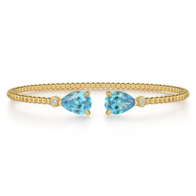 Beaded Open Bangle Bracelet 14K Yellow Gold Diamond and Blue Topaz 0.07ct Bujukan - 0.07 ct - Shot 1